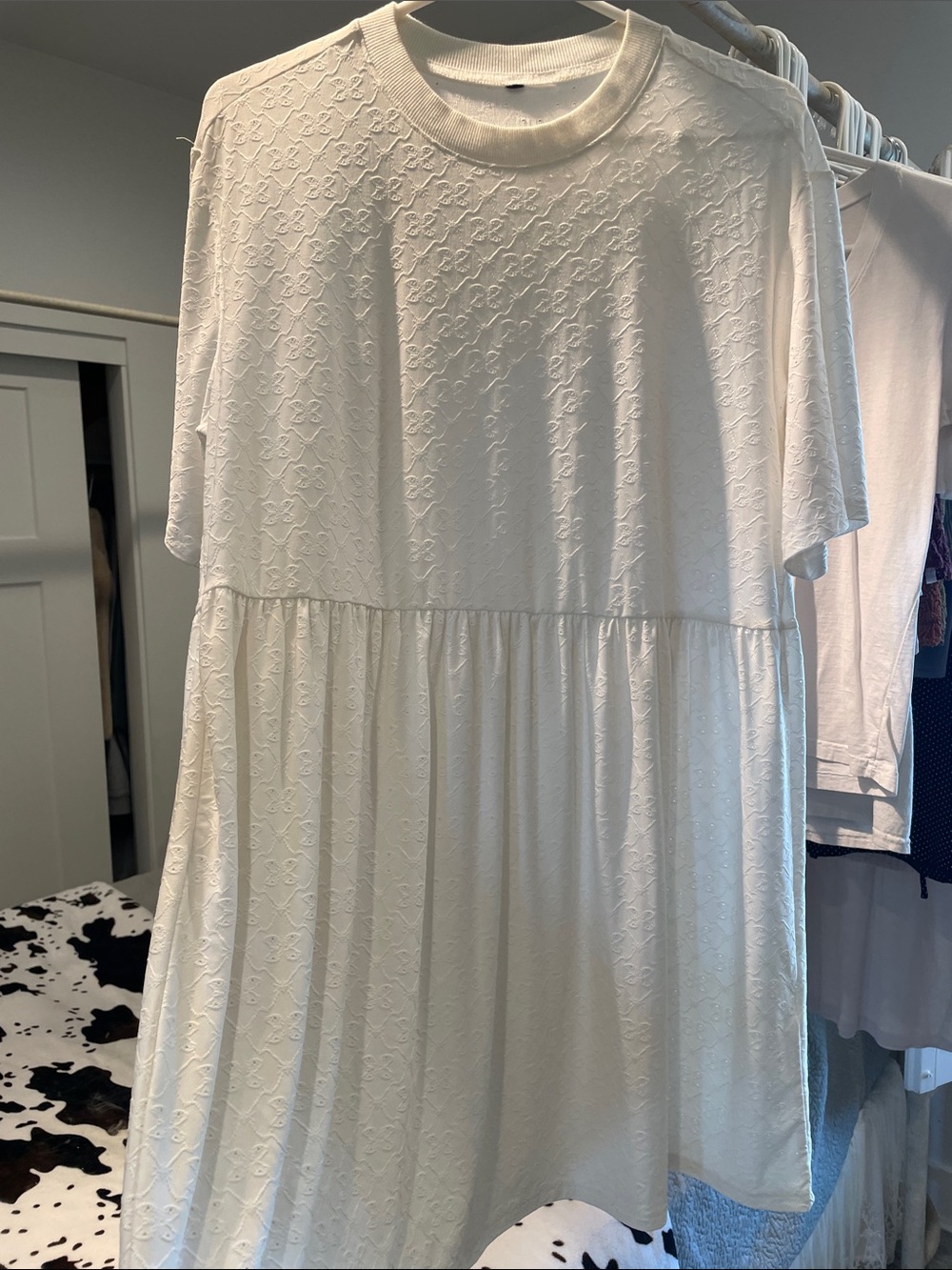 Free People Eyelet White Cream Textured Short-Sleeve Mini Dress